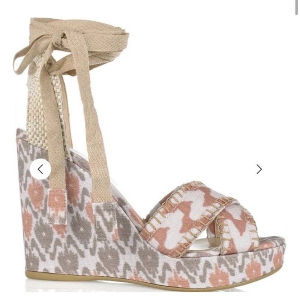 Theodora & Callum Beige and Pink Patterned Espadrille Wedges with Ankle Tie